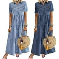 thumbnail image 3 of Travelwant Womens Denim Shirt Dresses Fashion Summer Sexy V Neck Short Sleeve Loose Ruffle Long Maxi Pleated Dress Cowboy Sundress, 3 of 7