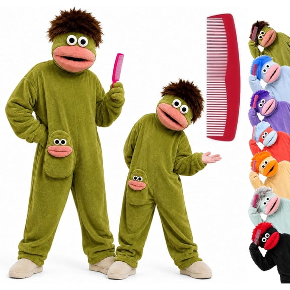 Zydvens Big Mouth Monster Adult Onesie with Large Comb Prop - Big Mouth Puppet Cosplay Soft Plush Loungewear Pajamas - Oversized Fleece Sleepwear Costume Jumpsuit for Parent & Little One