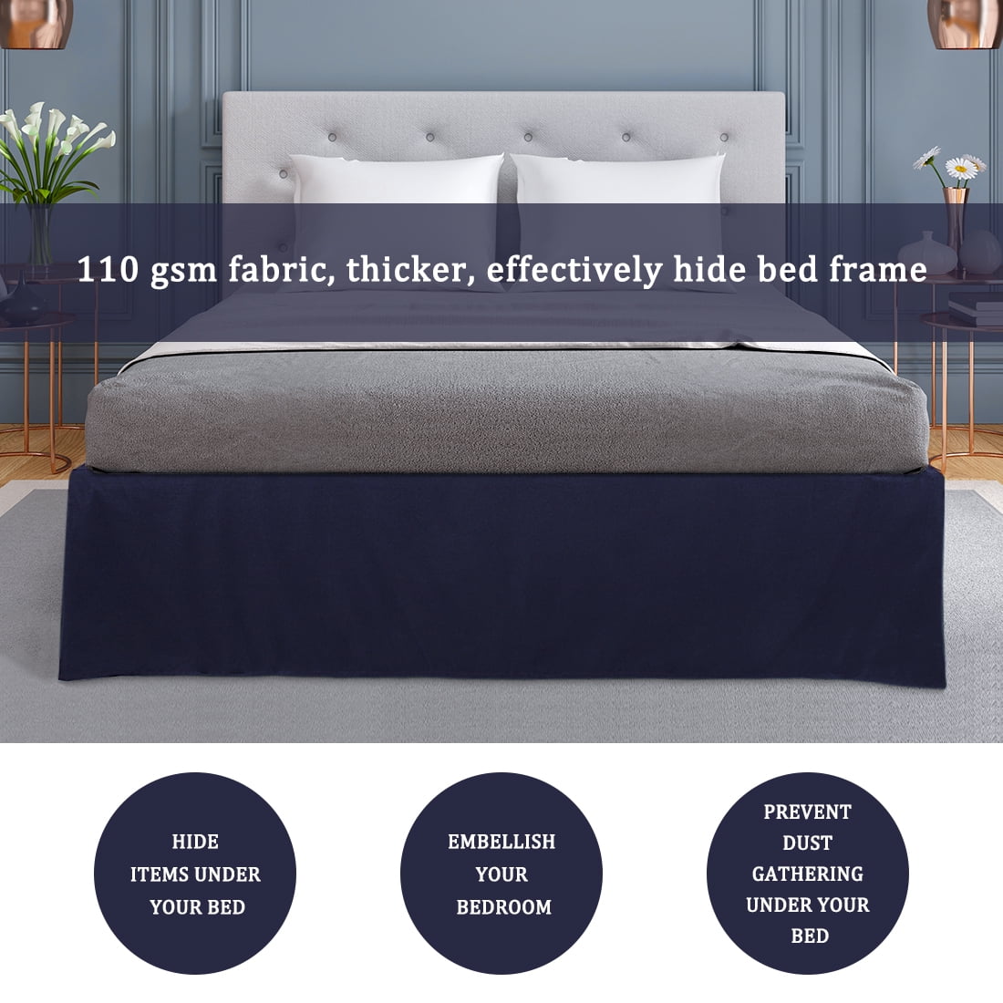 Unique Bargains 16" Drop Pleated Brushed Bed Skirt Queen Navy Blue