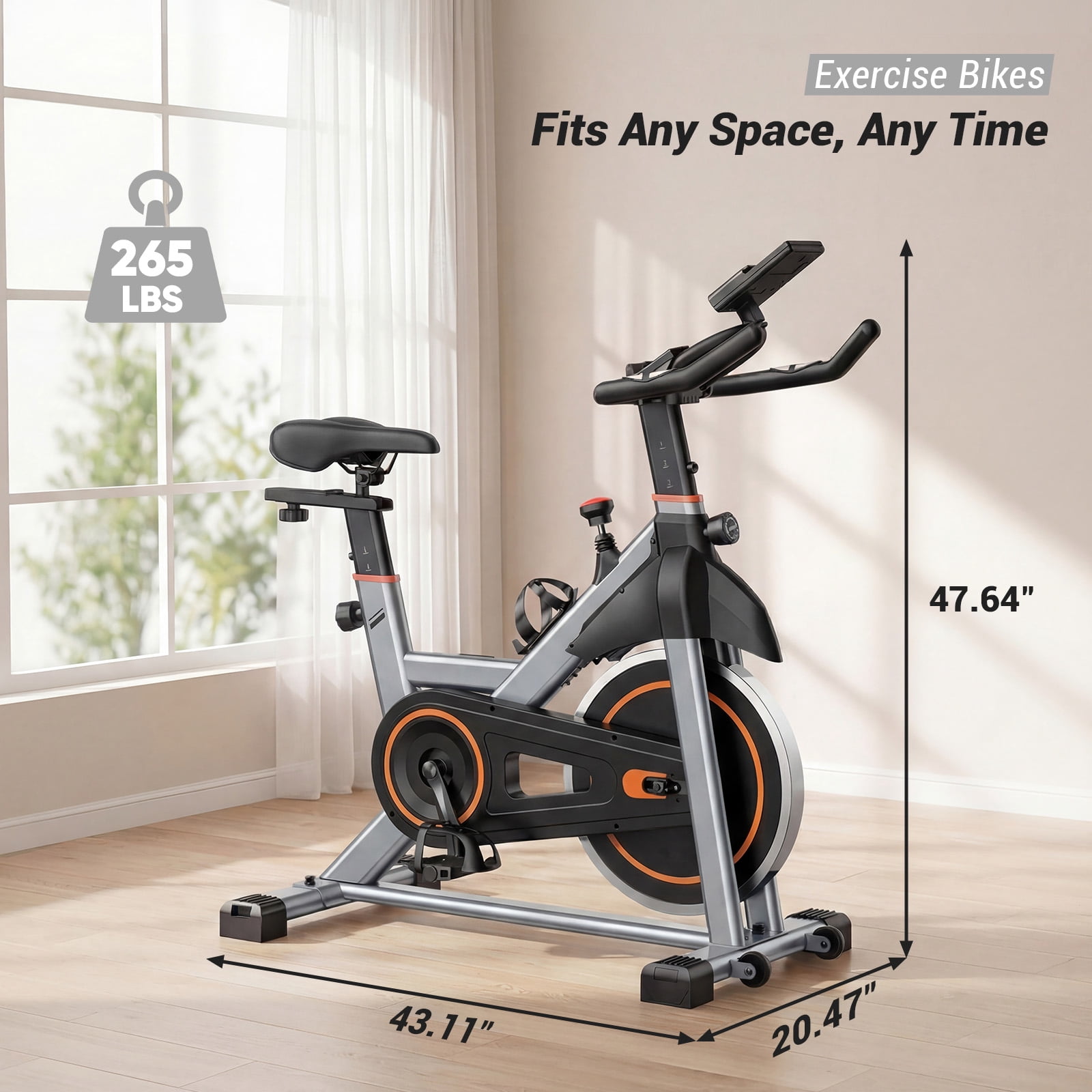 SHOUFTW Home Exercise Bike with APP Control, Magnetic Resistance Bike, Quiet Indoor Stationary Cycle 265lb Capacity, Silver Orange