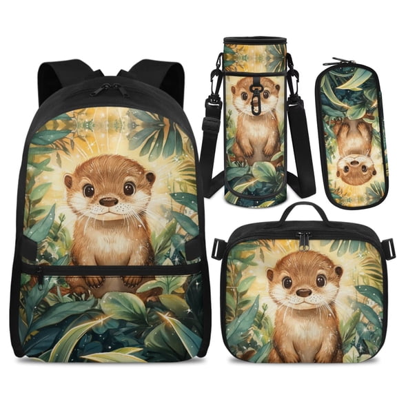 Yspwyqan Jungle Baby Otter Kids Backpack Set 4Pcs with Lunch Box Pencil Case Water Bottle Bag, 17 Inch Double Zipper Lightweight Bookbags Fits 14" Laptop for Elementary School