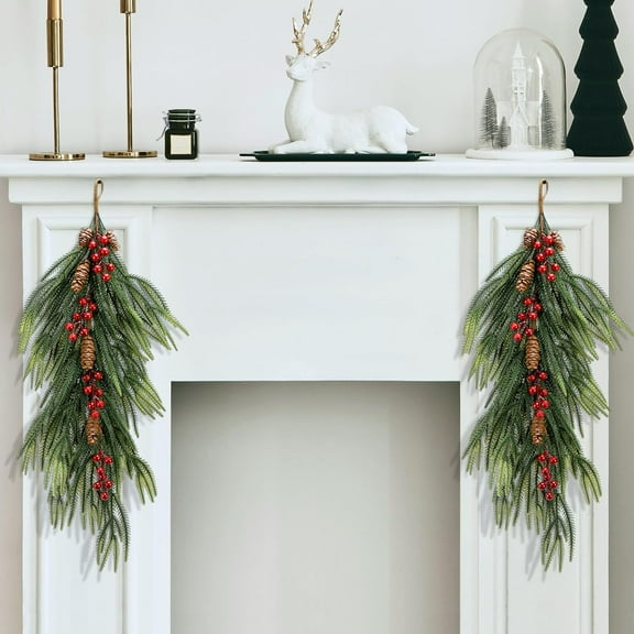 Guvpev 2Pcs Artificial Christmas Teardrop Swag with Berry & Pinecones, Faux Norfolk Pine Branch Teardrop Door Swag, Real Touch Norfolk Pine Greenery Wreath Staircase Swags for Christmas Decorations