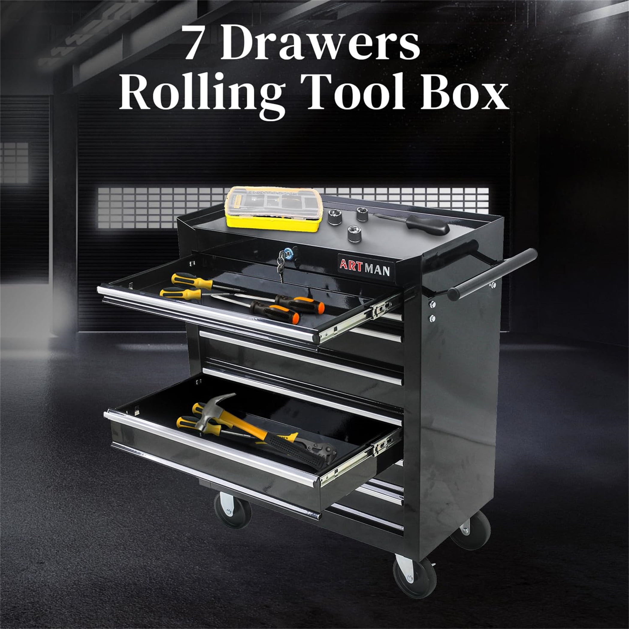 Aukfa Tool Box, 24.5 in 7-Drawer Steel Rolling Tool Chest on Wheels for Workshop Garage, Black