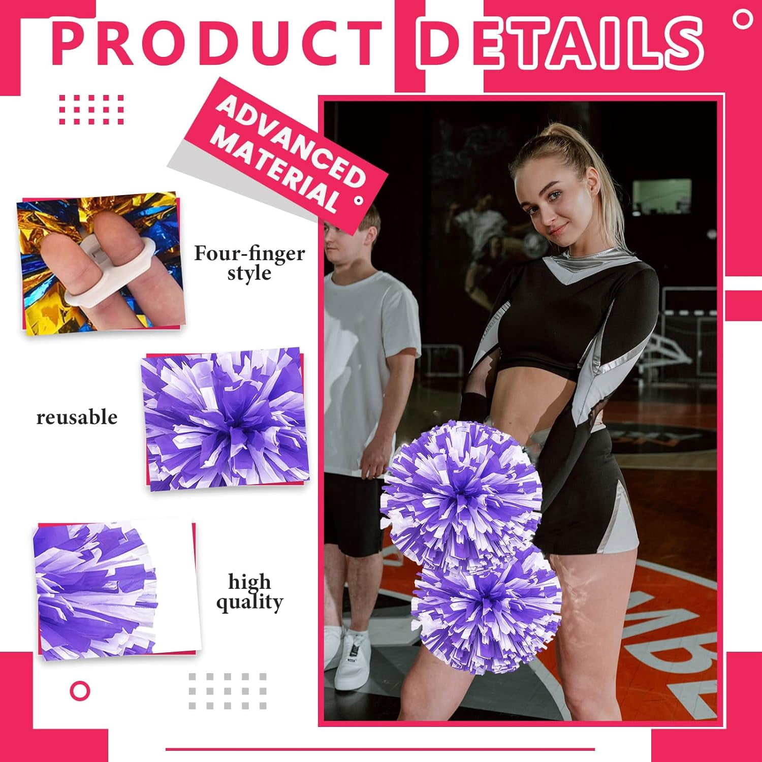 12 Pcs Cheerleading poms,pom poms Cheerleading with Finger Holes Metallic Foil Cheer Pom Pomsfor Dance, Matches, Team Spirit Sports (Black+Green)