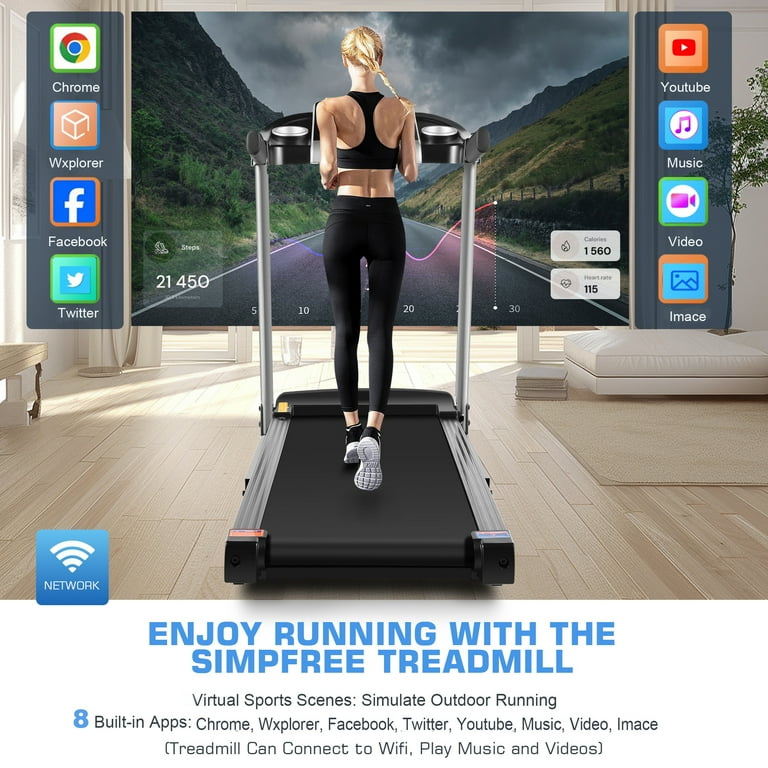 Simpfree Treadmill with 10 HD TV Movie Touchscreen and 3D Virtual Sports Scene 0.5 9mph h Folding Running Machine with WiFi Connection