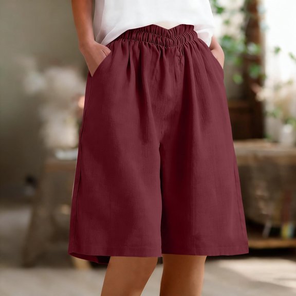 Women's Cotton Linen Bermuda Shorts, Elastic Waist Loose Fit 5 Inch Shorts with Side Pockets, Casual Summer Solid Color Knee Length Shorts for Daily Lounge Vacation Wear 08-Wine L