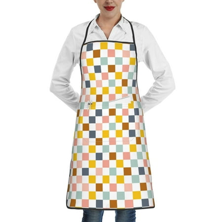 

Qekee Colorful Checkered 1 Print Adjustable Bib Apron Resistant with Pocket Cooking Kitchen Aprons for Women Men Server Chef Apron