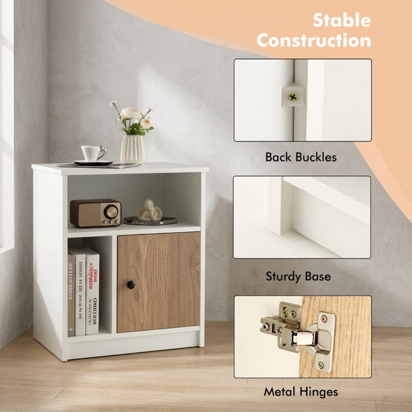 Furnibear 2 Pieces 25 Inch Tall Nightstands with Door and 2 Open Shelves for Bedroom Living Room Bedside Sofa Side Small Space, White