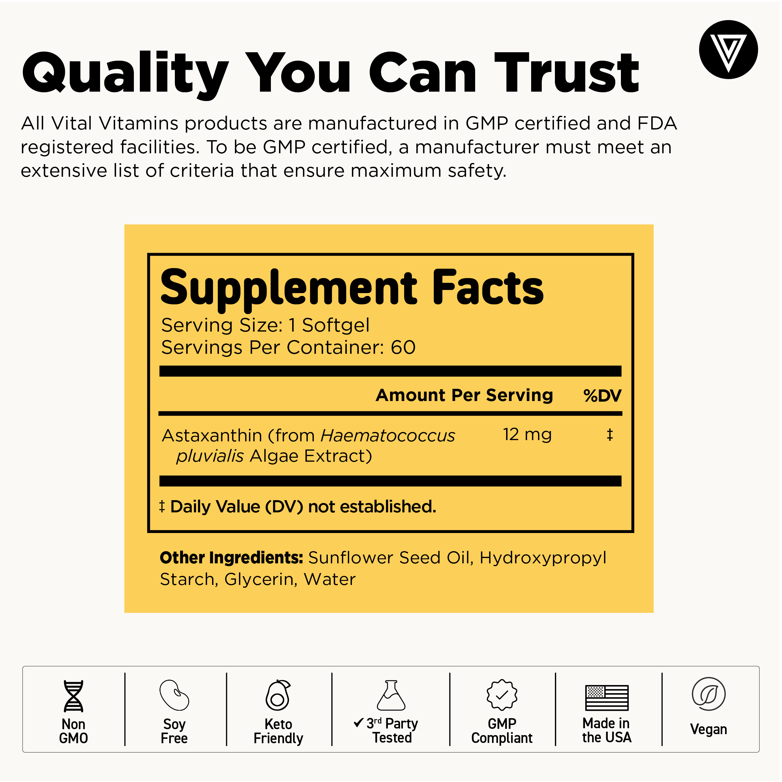 Vital Vitamins Astaxanthin 12mg Softgels - Made with Natural Astaxanthin - Supplement to Promote Skin Hydration, Elasticity - Defends Cells Against Daily Damage - Vegan - 60 Soft Gels