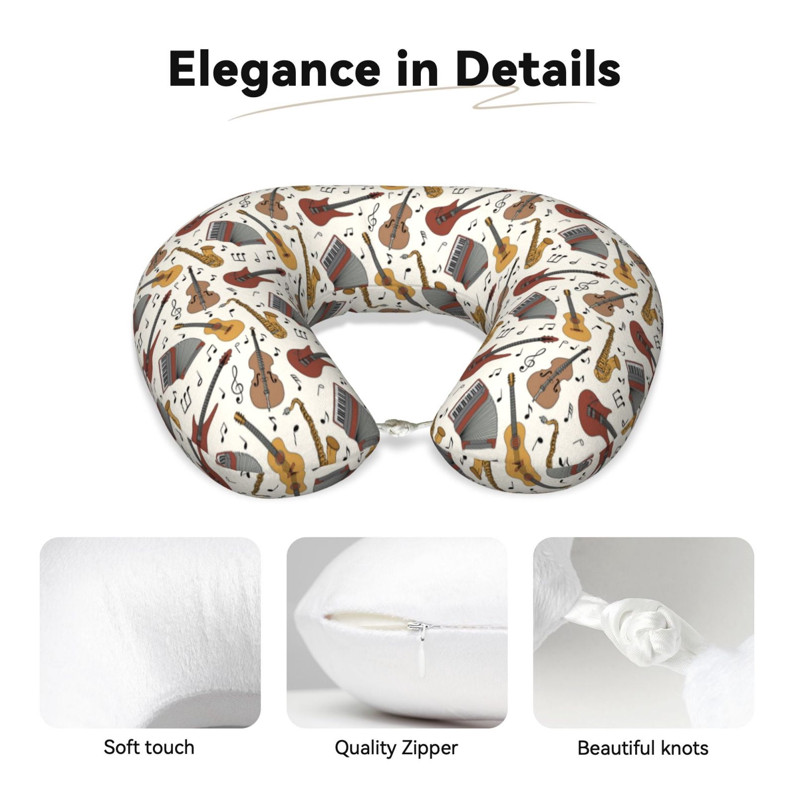 Xecao Guitar Print Memory Foam Cervical Neck Pillow Versatile U-Shaped Pillows for Home,Office,Camping,Travelling,Soft Washable Cover