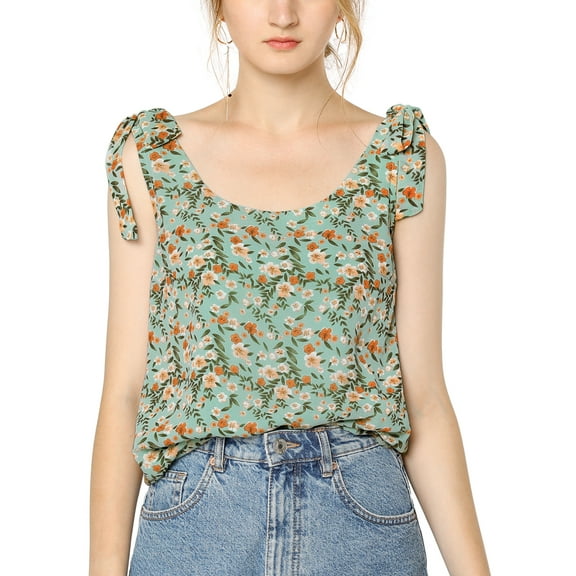 INSPIRE CHIC Women's Summer Floral Blouse Bow Tie Decor Casual Tank Tops M Green