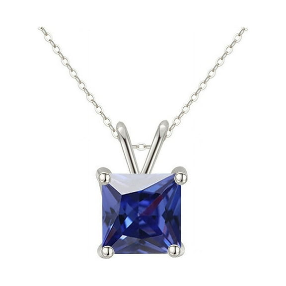Bonjour Jewelers 18K White Gold 3 Carat Created Blue Sapphire Princess Stud Necklace Plated 18 Inch