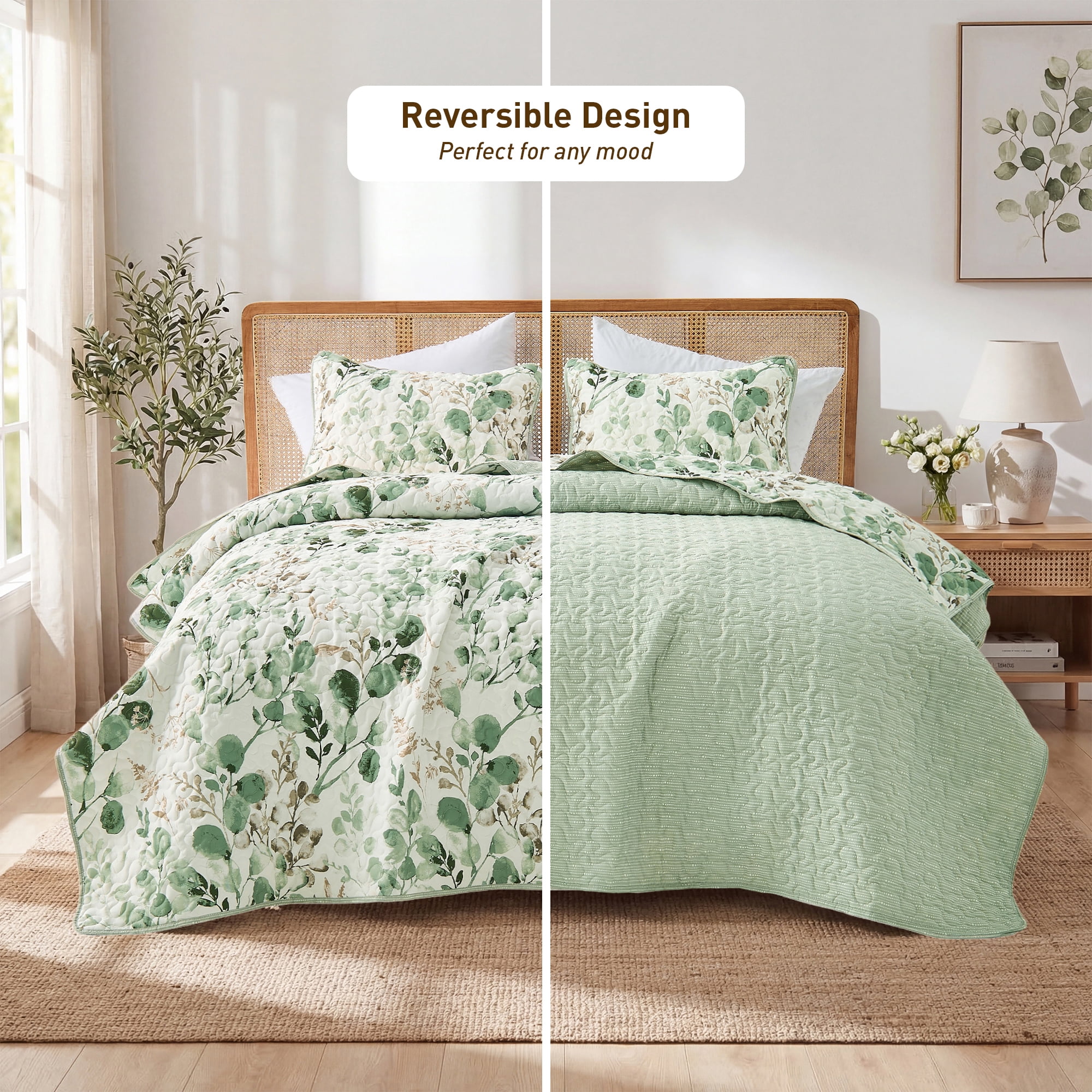 Regency Heights Full/Queen Botanical Quilt Set, 3-Piece Reversible Floral Summer Quilt Coverlet Bedding Set, Green Quilted Bedspread with Shams for All Season