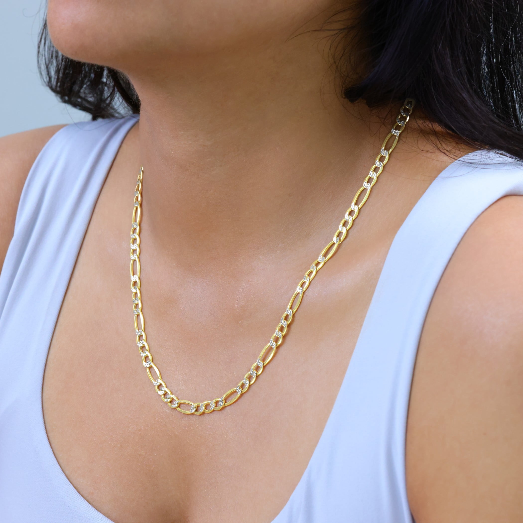 Nuragold 14k Real Yellow Gold Figaro Link 5.5mm Diamond Cut Two Tone Pave Chain Necklace (16"-30") Italian Jewelry for Men & Women