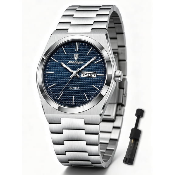 POEDAGAR Business Men's Stainless Steel Waterproof Luminous Quartz Watches with Dual Calendar Display