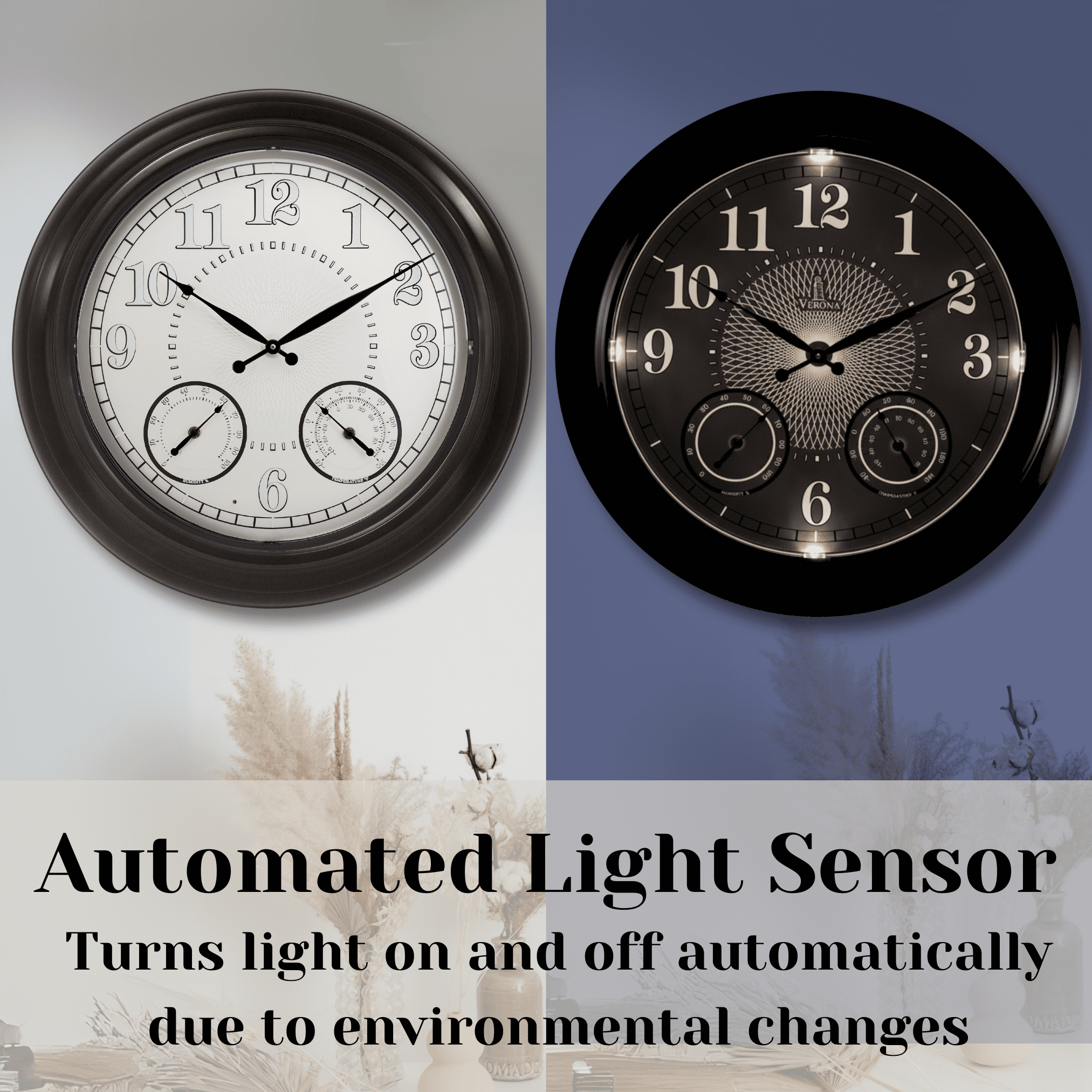 24 inch Illuminated Outdoor Clock for Patio, Waterproof with Thermometer - Large Night Light Wall Clock with Smart LED Sensor, Temperature and Humidity - Weatherproof & Easy to Read for Patio & Home