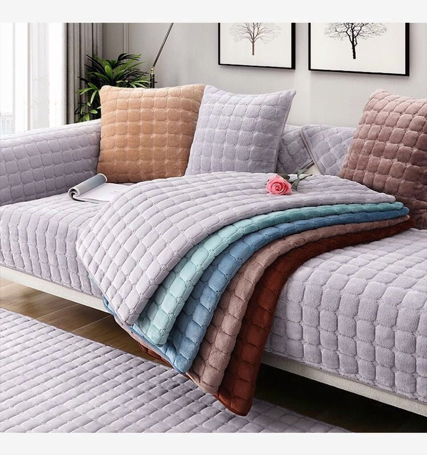 Velvet Couch Cover, Washable Sectional Sofa Cover, Anti Slip Sofa Slipcover for 3 Cushion Couch Sofa L Shaped Armrest Backrest, Furniture Protector Covers for Pets Kids