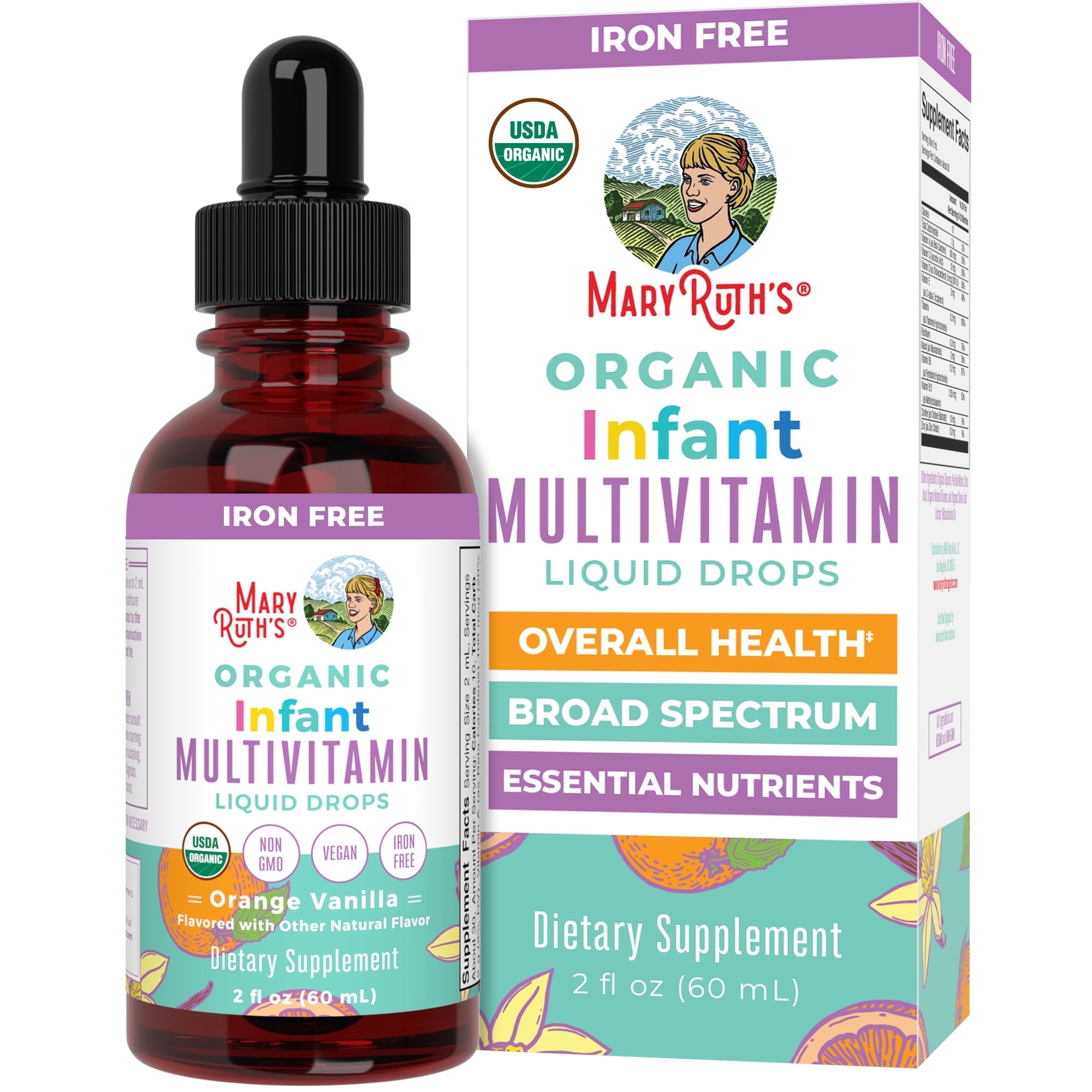 (2 pack) MaryRuth's Liquid Multivitamin for Babies & Infants Iron Free, USDA Organic, Orange Vanilla, 2 fl oz