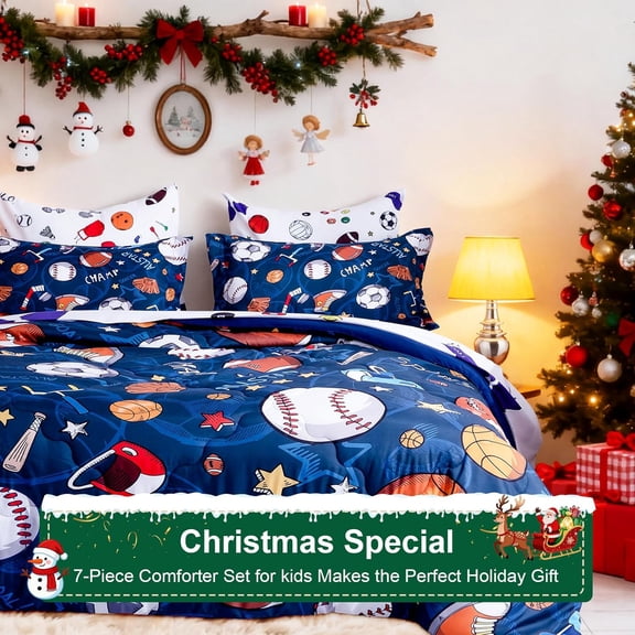 Sports Comforter Set - 7 Piece Queen Bedding with 3D Soccer, Basketball, Baseball, Football Design for Kids