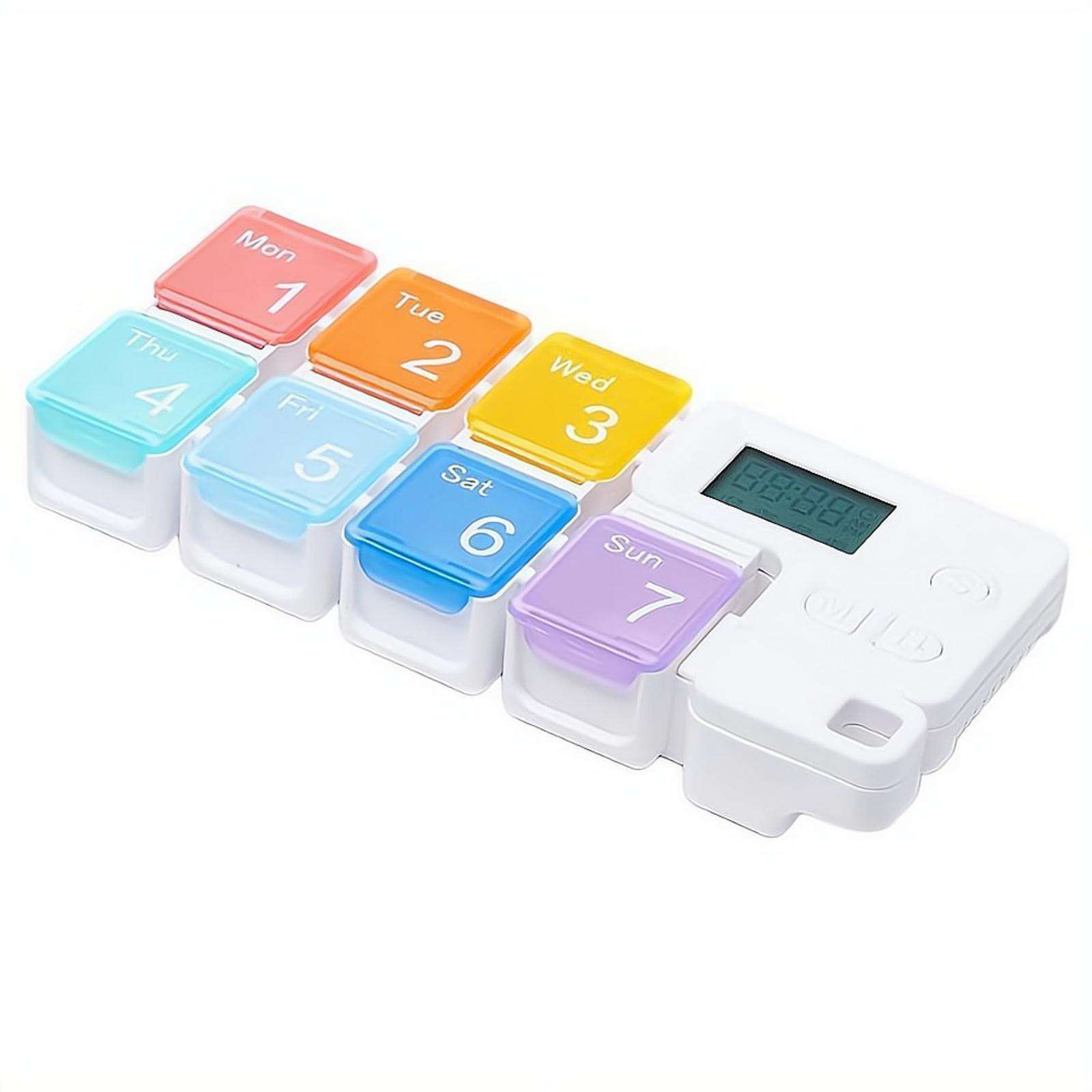 7-Day Pill Organizer with Alarm Reminder, Daily Medication Box, Large Screen Moisture-Proof Travel Case, Rainbow