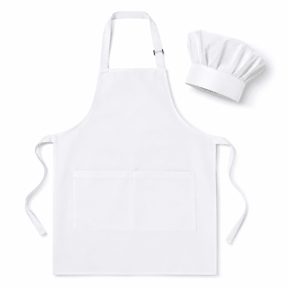 Chef Hat and Apron Set, Durable Bib Apron with 2 Pockets & Matching Hat, Chef Costume for Man and Woman, Chef Coat White