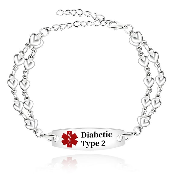 Metaljc Stainless Steel Medical Alert ID Bracelet for Women, Engraved Diabetic Type 2