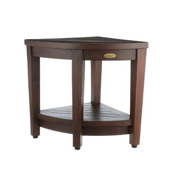 DecoTeak® SnazzyCorner® 18" Teak Wood Wide Corner Shower Bench with Shelf in Woodland Brown Finish
