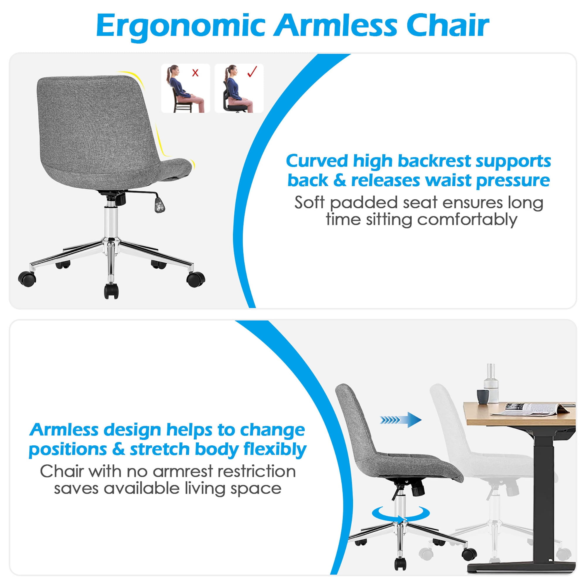 Costway Mid Back Armless Office Chair Adjustable Swivel Fabric Task Desk Chair Gray