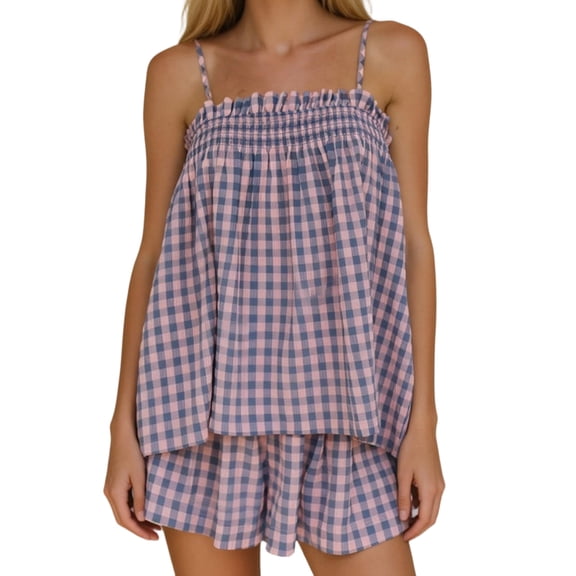 Women 2 Piece Lounge Set Plaid Summer Pajama Set Sleeveless Peplum Cami Top and Wide Leg Shorts Set Beachwear Vacation Outfits