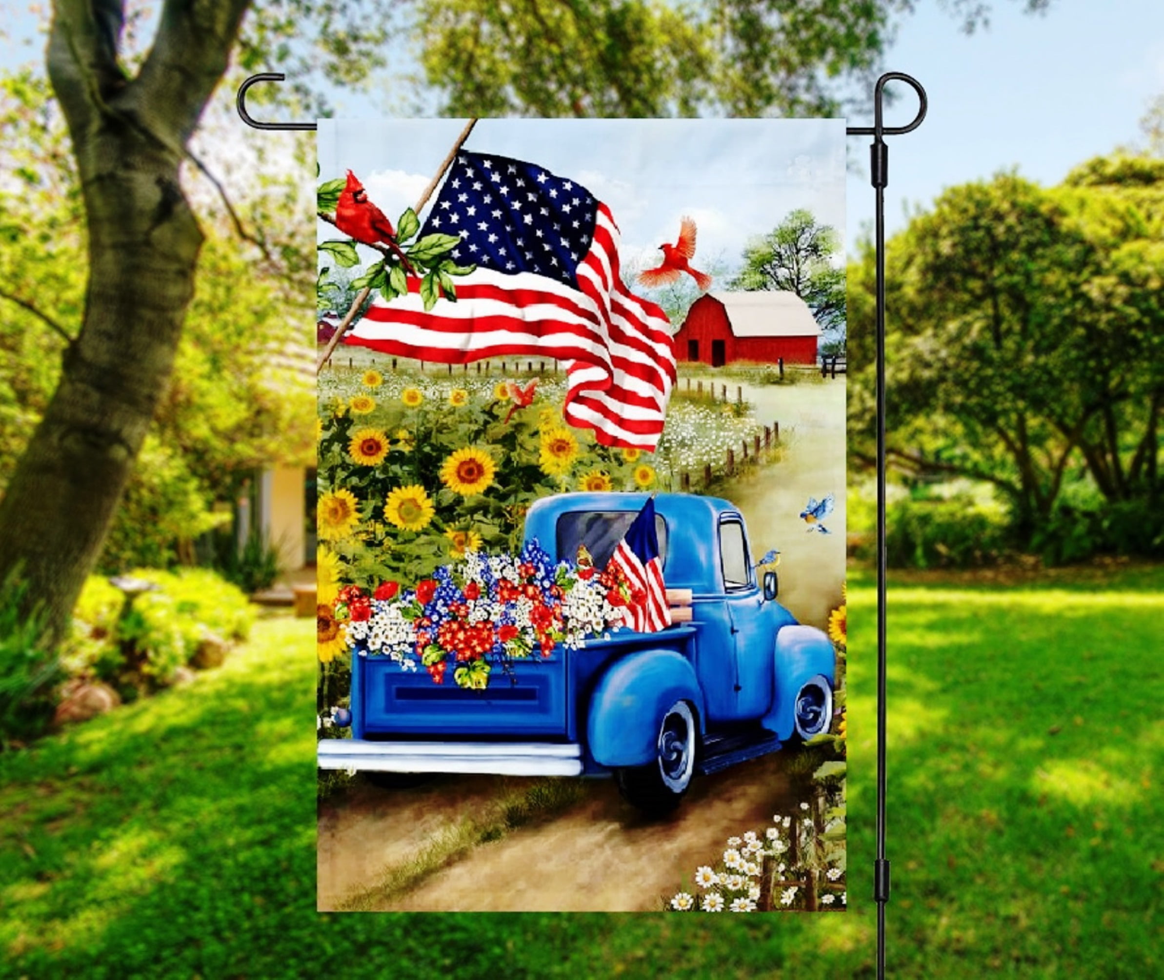 American Flag Pick Up Truck Patriotic Country Farmhouse Sublimated Double  Sided Deluxe Garden Flag 12