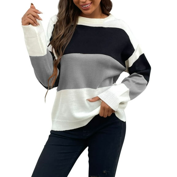 Herrnalise Women's Knitted Crop Tops Ladies Fashion Casual Pullover Knit Striped Intercolor Long Sleeve Crewneck Sweater Knitwear Pullover Jumper Sweaters