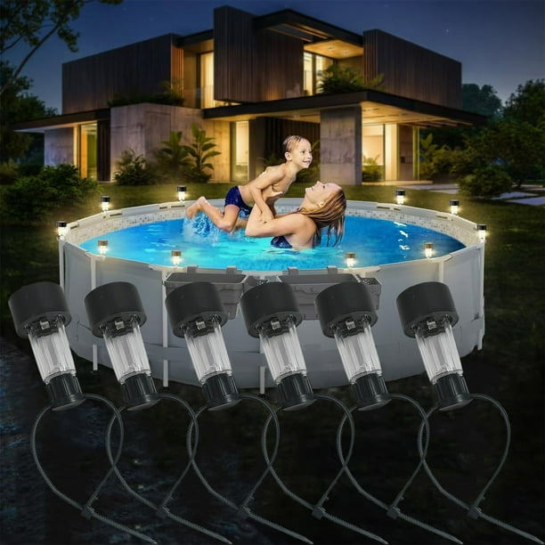 Luz de piscina LED solar Paquete de 6 | Decoración de valla de piscina al aire libre impermeable | Luces de noche blancas cálidas de aluminio ABS alimentadas por energía solar | Se adapta a un marco