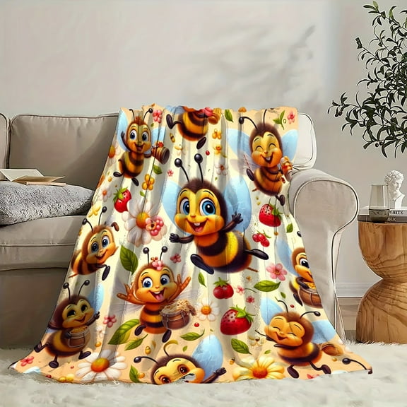 1pc Whimsical Bee Cartoon Fleece Throw Blanket - Cozy, Reversible, All-Season Polyester Flannel with Vibrant Digital Print for Sofa & Room Decor