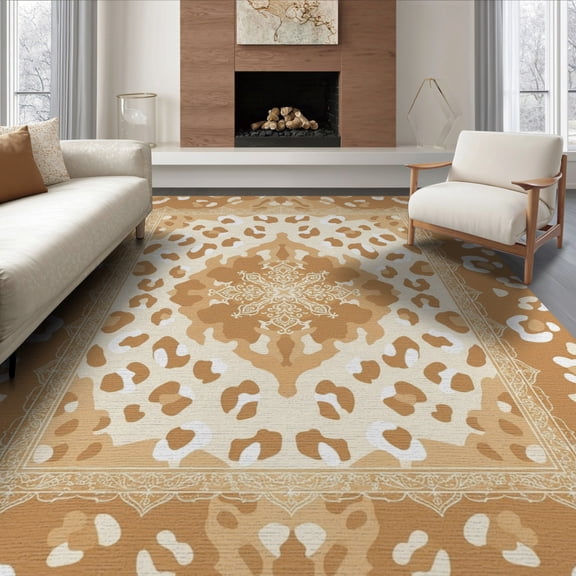 ODIKA 8'x10' Washable Area Rug Boho Bordered Fabric Table Bathroom Long Placemat Cow Spotted Playful Expressive for Living Room, Under Sectional, Family , Durable, Non-Slip