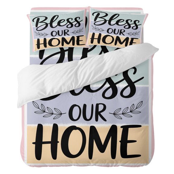 Duvet Cover Set California king Size 4 Pieces, Bless Our Home Words Comforter Cover Soft Bedding Sets, Green Purple Yellow Stripe Bed Set Include 1 Duvet Cover, 2 Pillow Shams, 1 Bed Sheet