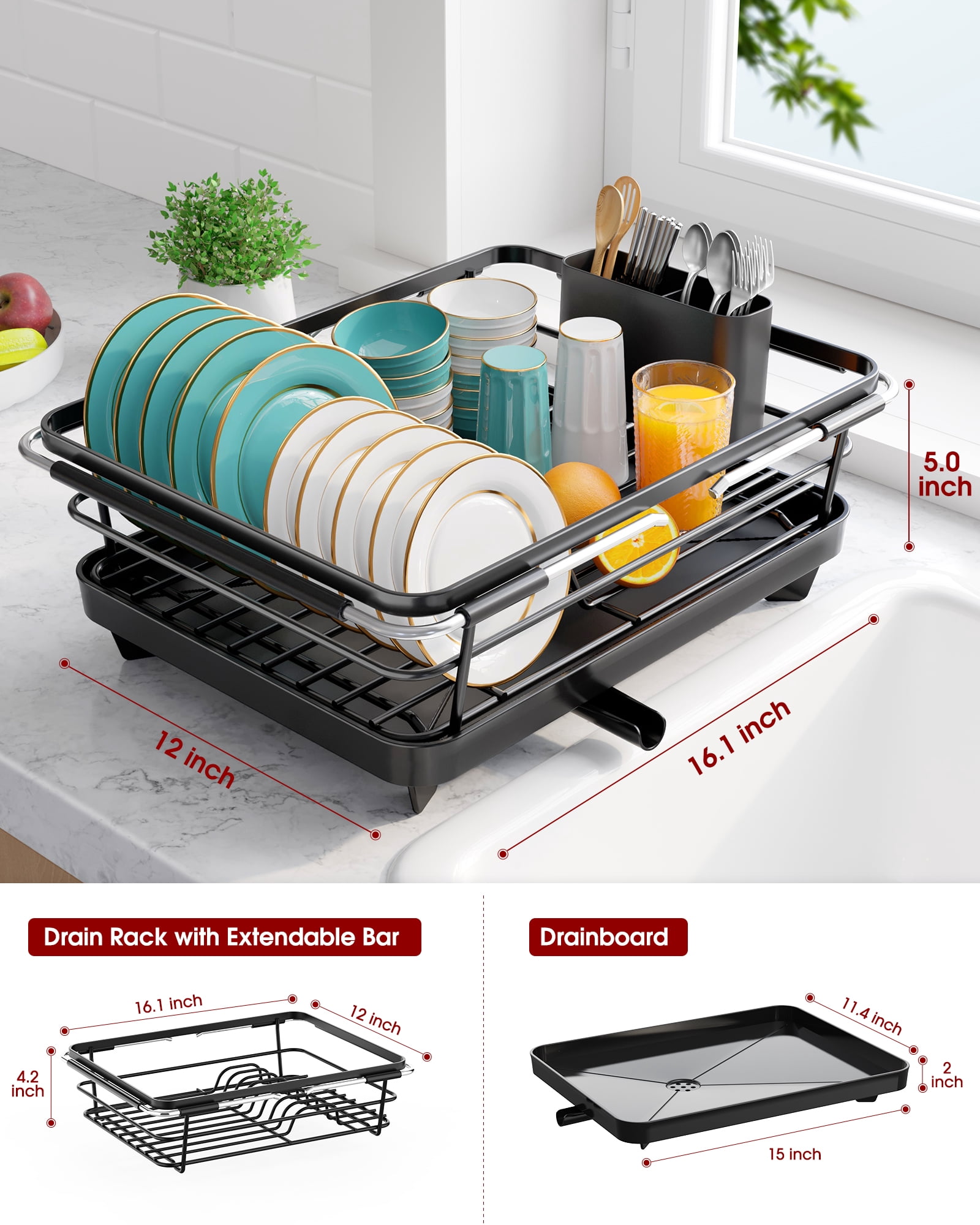 Sakugi Expandable Dish Drying Rack for Kitchen Counter, Stainless Steel Sink Organizer with Cutlery Holder, Space-Saving Dish Rack for Home and Apartment, 16" ~24"W x 12.6"D, Black