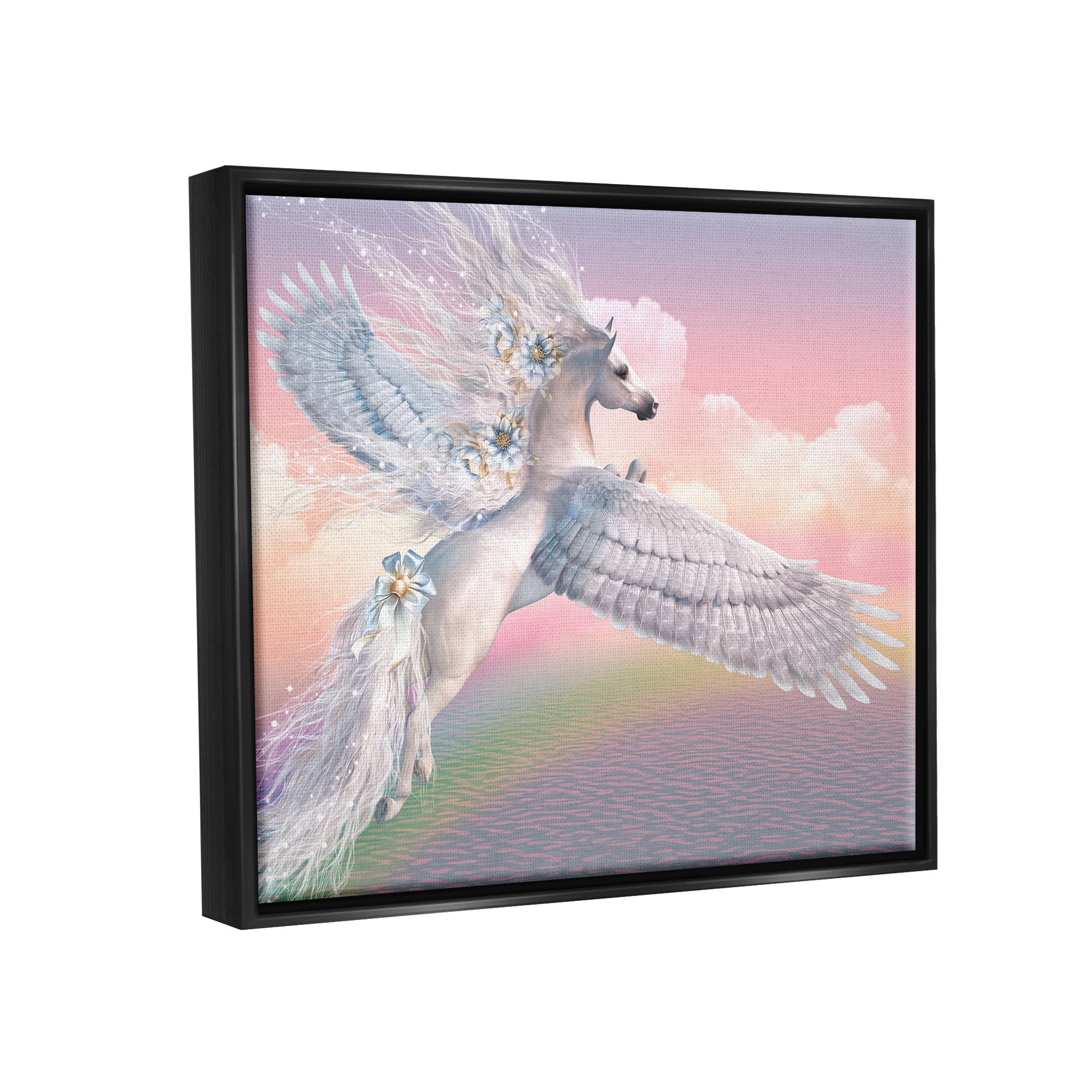 Stupell Industries Unicorn Over the Rainbow Fairy Tales & Fantasy Painting Black Floater Framed Canvas Art Print Wall Art, 21 x 17
