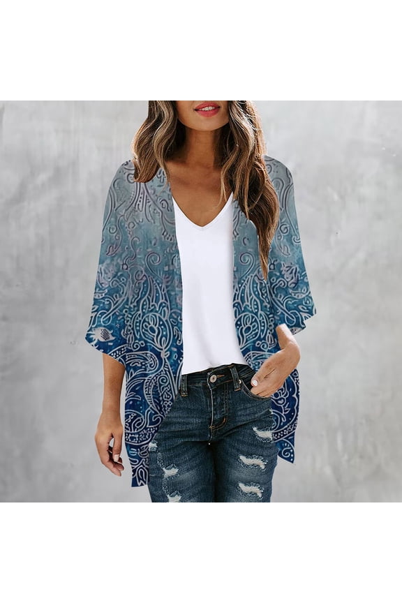 Cover-Up Women'S Coats and Jackets On Sale Blue Elbow-Length Lightweight Graphic Comfy Flowy Cardigan Chiffon Ladies Jackets