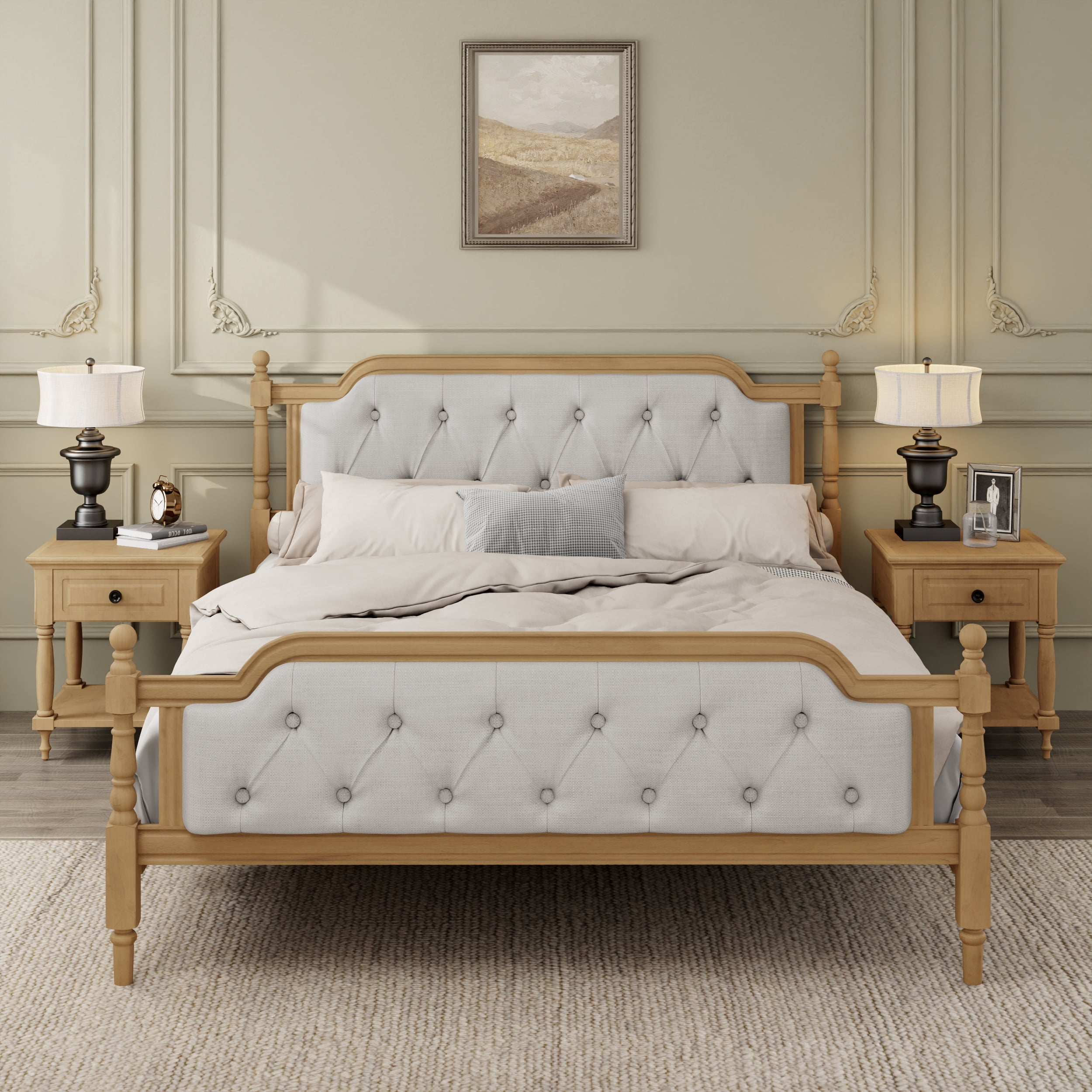 MAYEERTY King Traditional Solid Wood Bed Frame Upholstered Tufted Headboard for Bedroom Walnut