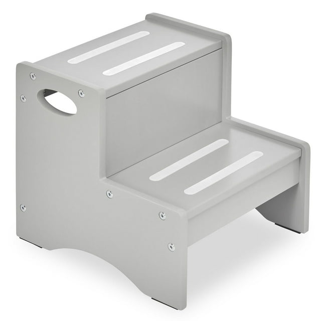Gray two-step sturdy kids stool with anti-slip strips on steps and a side handle for easy carrying.