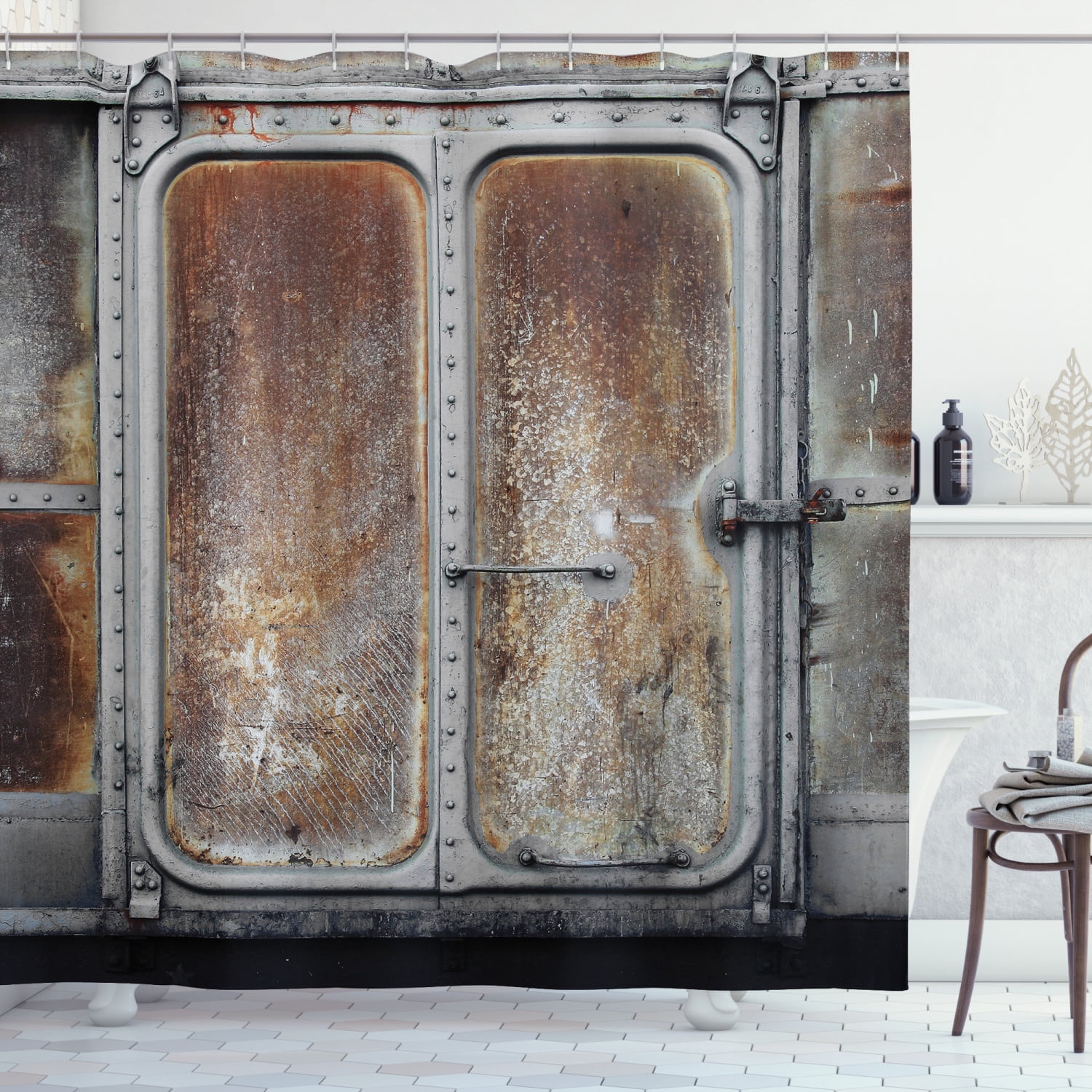 Rusty Railroad Container Doors Waterproof Shower Curtain Bathroom Rugs&12 Hooks 