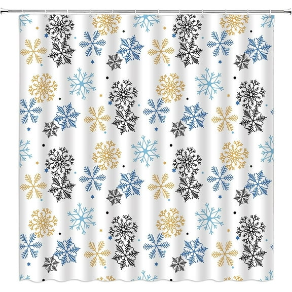 Christmas Shower Curtain Blue Gold Snowflakes Fantasy Xmas Snow Winter Holiday New Year Bathroom Decor Curtain with Hooks,Blue Gold Black