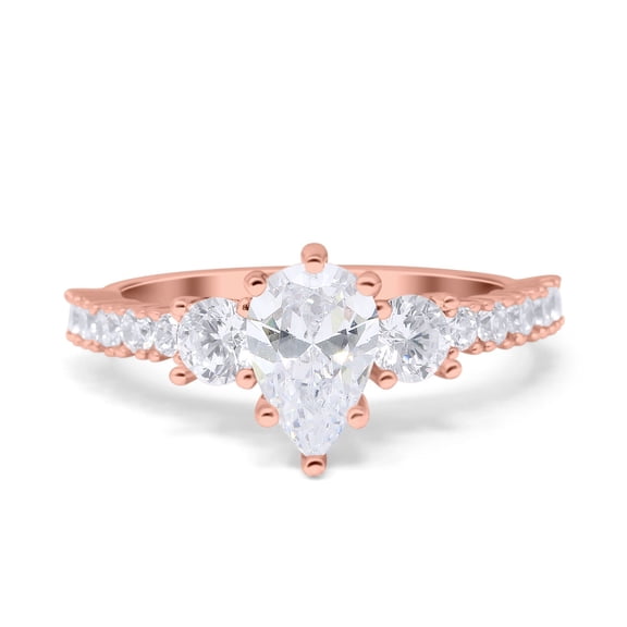 Rose Tone, Simulated Cubic Zirconia Size-6 Teardrop Pear Art Deco Three Stone Accent Engagement Ring 925 Sterling Silver