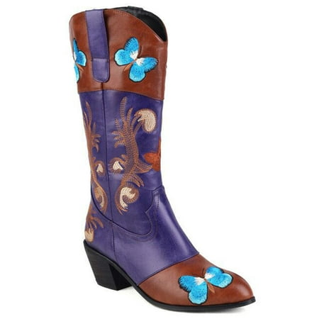 

Colisha Women Flowers Mid Calf Wide-Calf Shoes Dress Fashion Riding Embroidered Western Boots Blue Brown 9