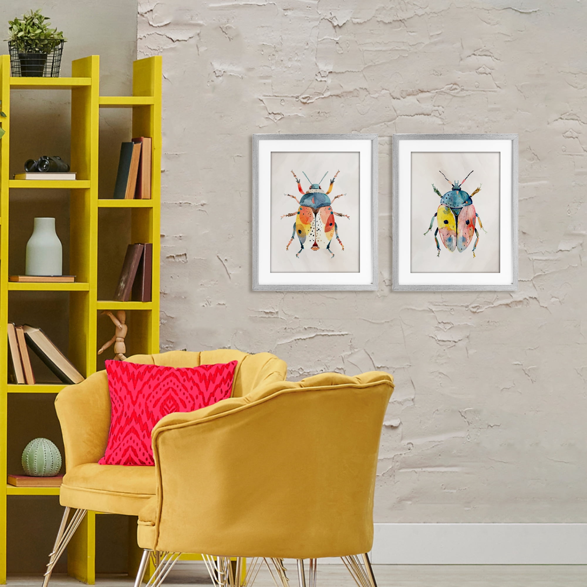 Stupell Industries Colorful Boho Beetles 2 Piece Gray Framed Print Under Glass Set, design by Kim Allen