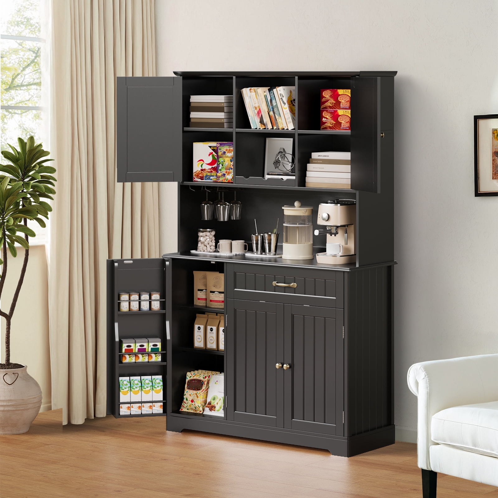 67" Kitchen Pantry Cabinet with Microwave Shelf, 5 Doors & 15 Adjustable Shelves, Large Storage Organizer, Also Perfect as Coffee Bar with Wine Glass Racks