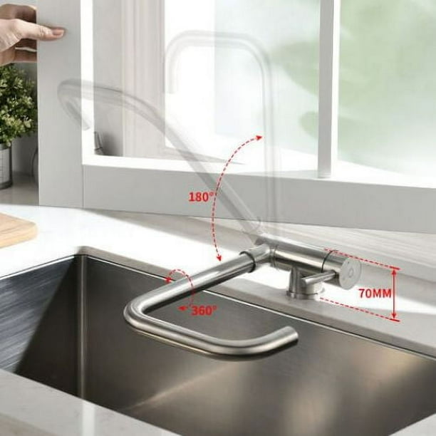 Grifo de cocina plegable debajo de la ventana con 2 modos de chorro, mezclador de cocina plegable 180° y giratorio 360°, disponible en frío y caliente, en acero inoxidable 304