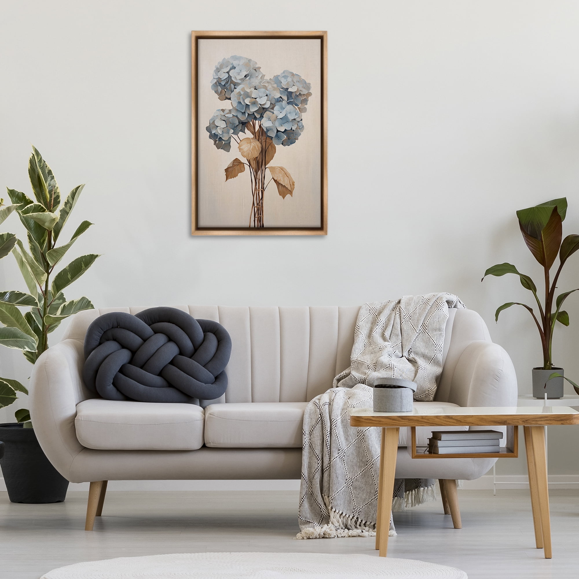 Stupell Industries Vintage Blue Hydrangea Plants & Flowers Painting Brown Floater Framed Canvas Art Print Wall Art, 21 x 31