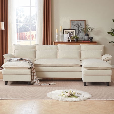 Pingliang Home 104.7" U Shaped Sectional Sofa Cloud Couch, Linen Sofa Couches with Double Chaise and 4 Pillows for Living Room Apartment Office Studio, Beige