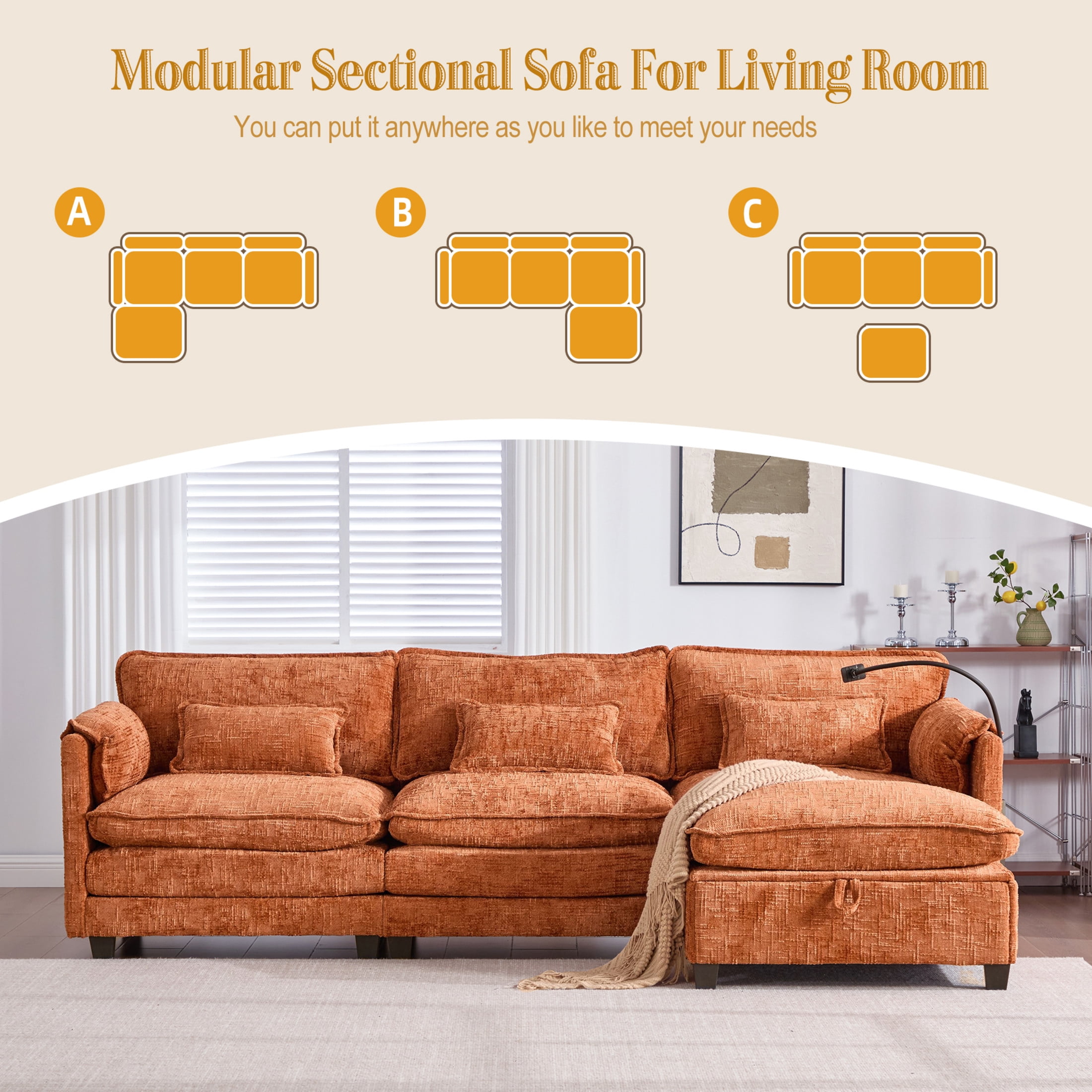 Noble House Modern 112" Oversized L-Shape Sectional Sofa, Chenille Cloud Couch with Modular Storage Ottoman, Orange